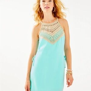 Lilly Pulitzer Teal with Gold Lace Shift Neckline With Donna Romper 00